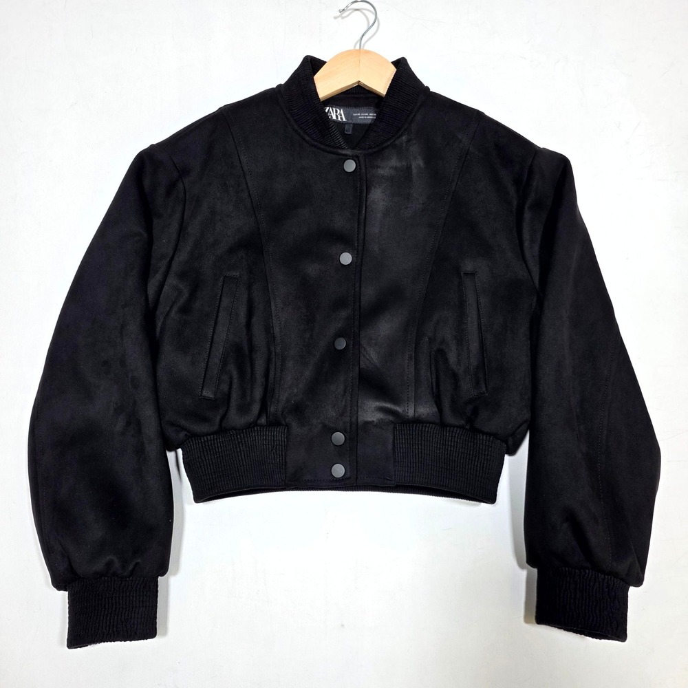 Zara Faux Suede Bomber Jacket W XS Black Cropped Snap Front GLEN 534 Outerwear